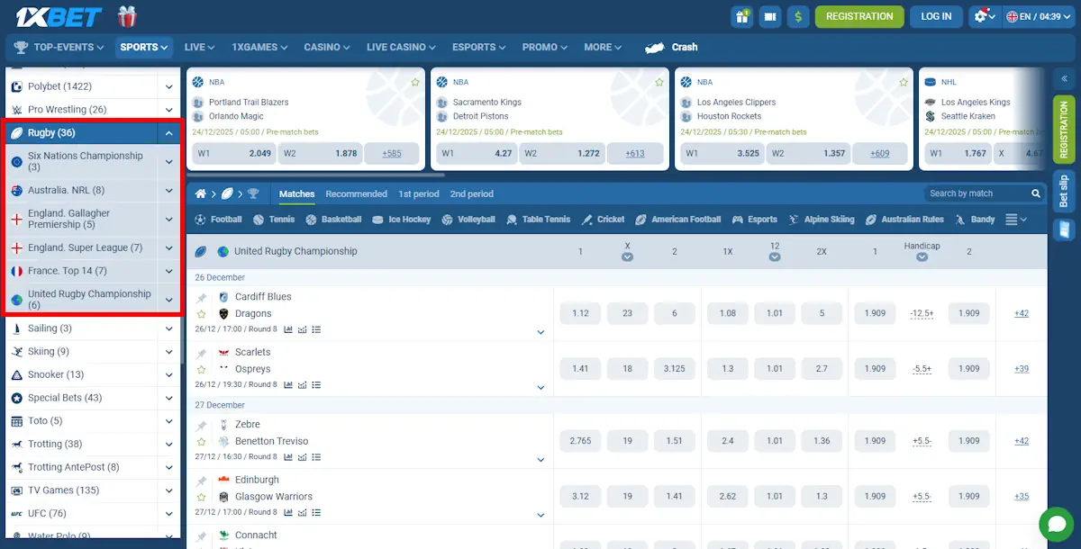 1xBet Rugby betting Screenshot